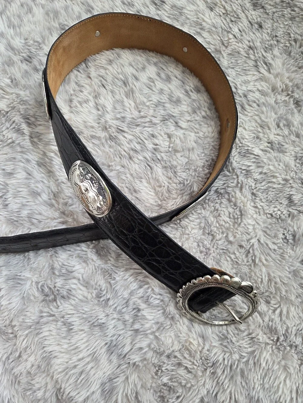 Vintage Harold's Black Croc Embossed Leather Western Concho Belt, Made in Italy